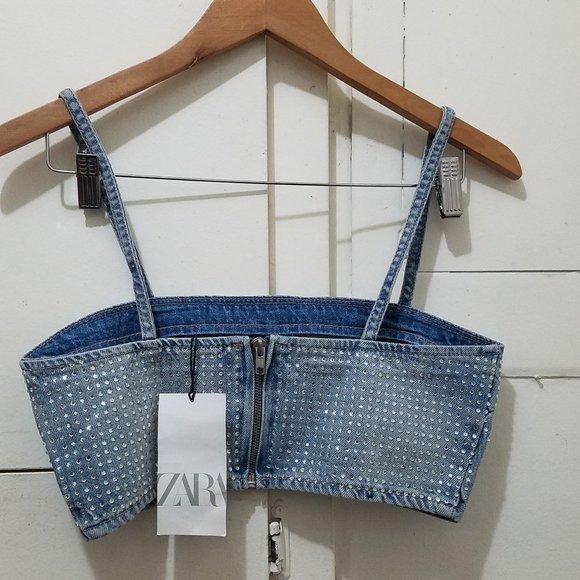 Medium Nwt RHINESTONE TRF DENIM CROP TOP - Picture 6 of 7